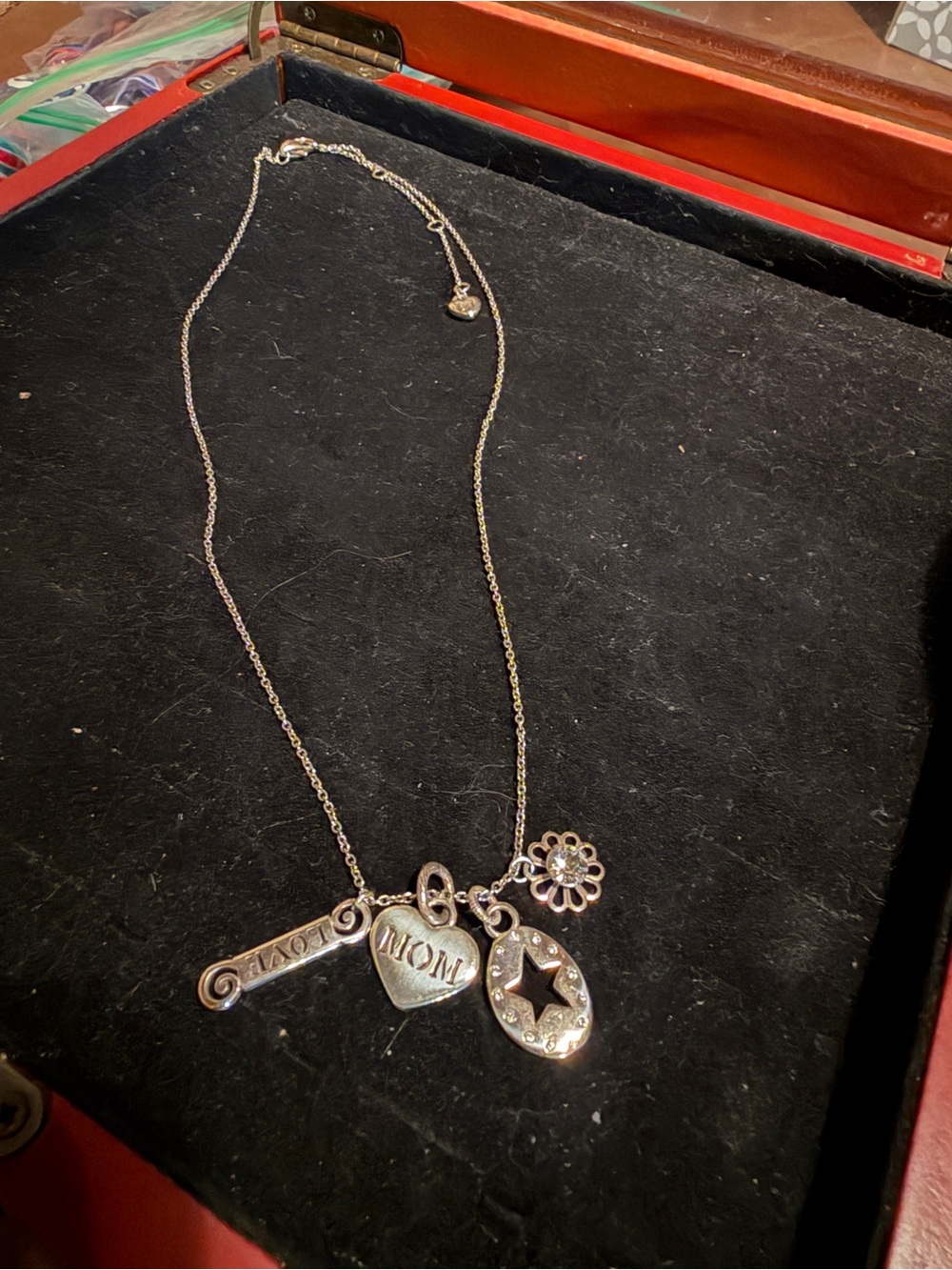 Brighton Silver Charm Necklace with 'MOM' Heart and Star Accents